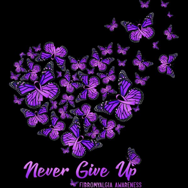 Never Give Up Fibromyalgia Awareness Butterfly Heart Gift T Shirt Thumbnail