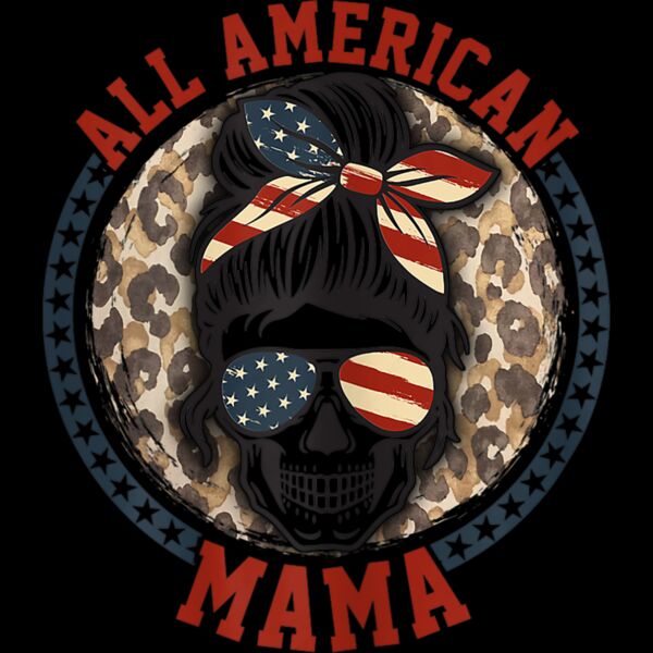 Womens wDr All American Mama Leopard Messy Bun Mom 4th Of July T Shirt Thumbnail