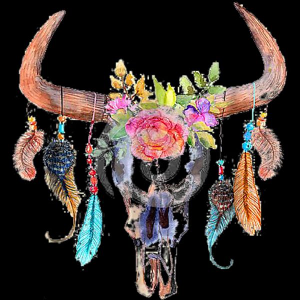 Lovely Watercolor Cow Skull With Flowers Boho Art T Shirt Thumbnail