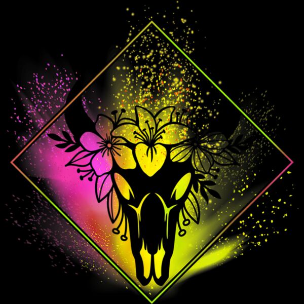 Boho Cow Skull Flowers Diamond Pink and Yellow Splatter T Shirt Thumbnail