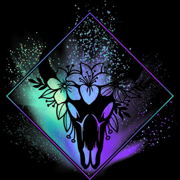 Boho Cow Skull Flowers Diamond Teal and Purple Splatter T Shirt Thumbnail