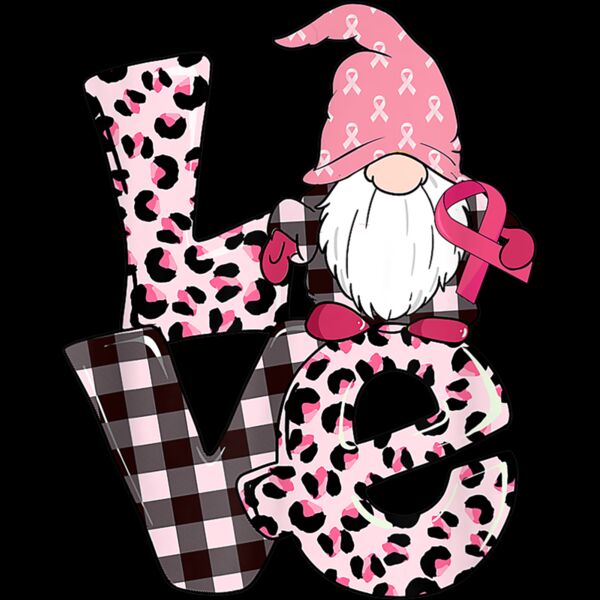 Leopard and Plaid Love Gnome Breast Cancer Awareness Gift T Shirt Thumbnail