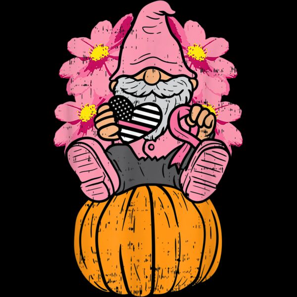 Gnome On Pumpkin Pink Ribbon Breast Cancer Halloween Gift T Shirt Thumbnail